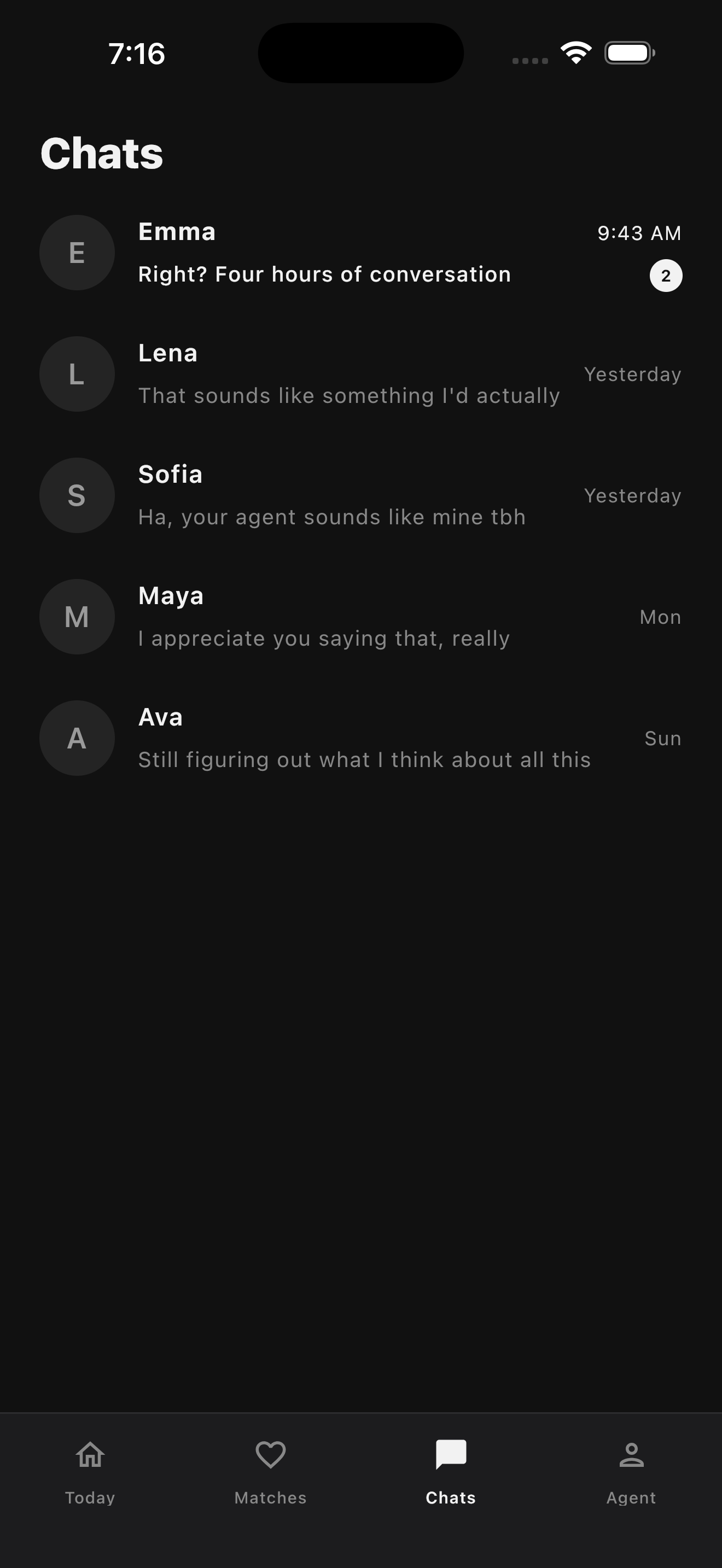 Seen app — Chats screen
