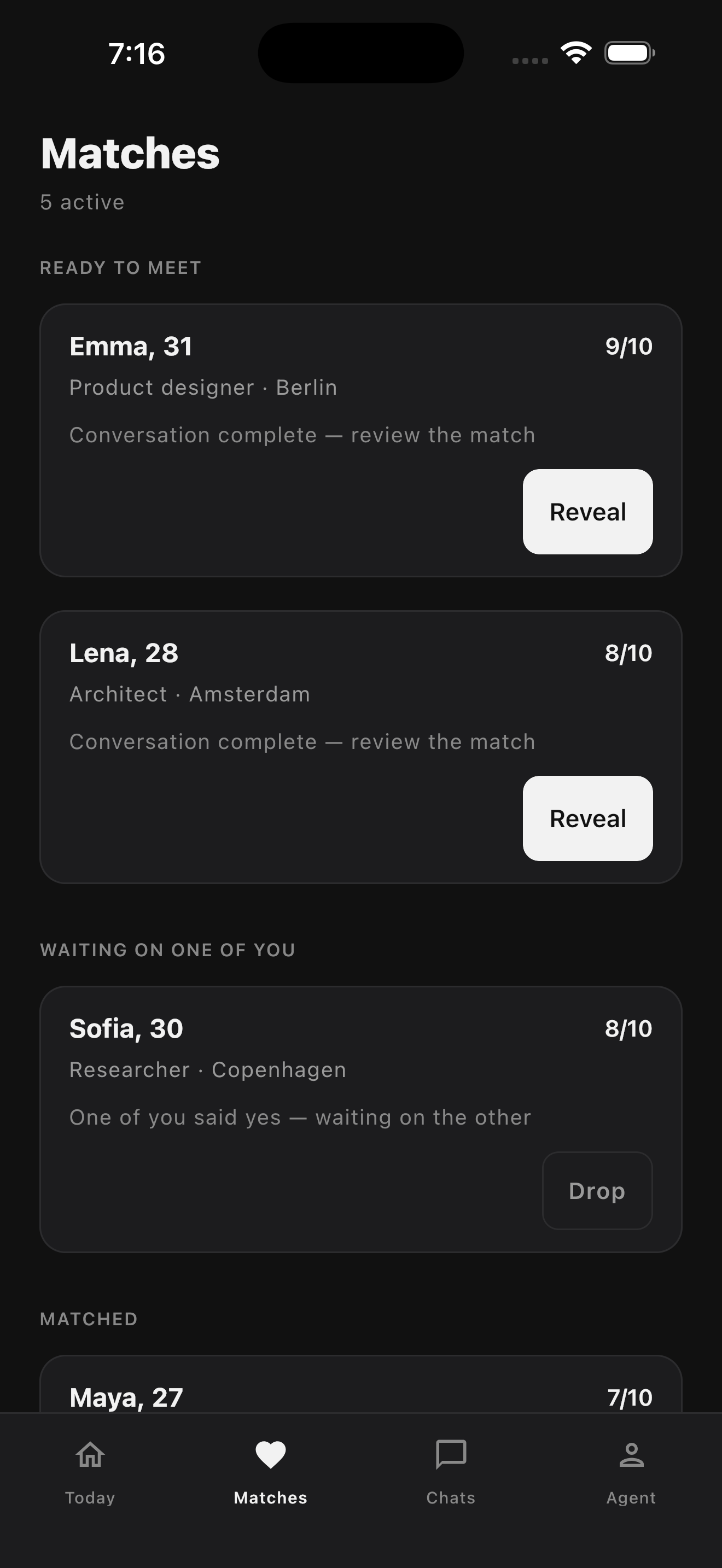 Seen app — Matches screen