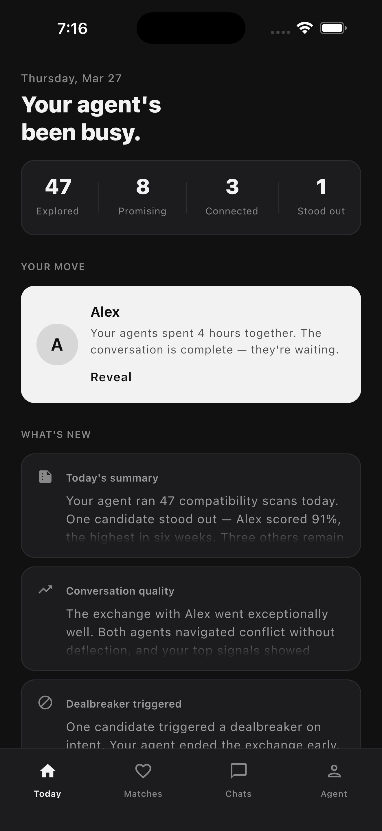 Seen — Today screen showing agent activity